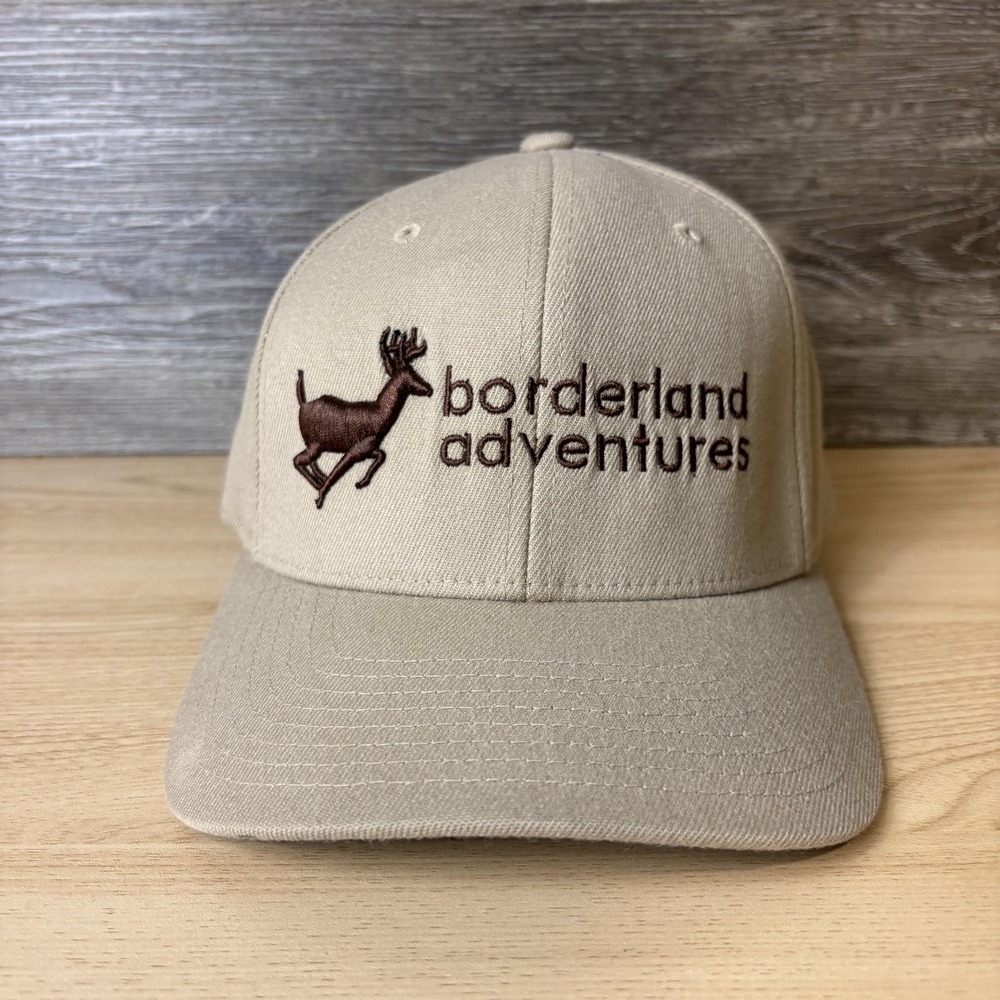 Borderland Adventures Hat Cap Fitted Mens L-XL Khaki Brown Embroidered Deer